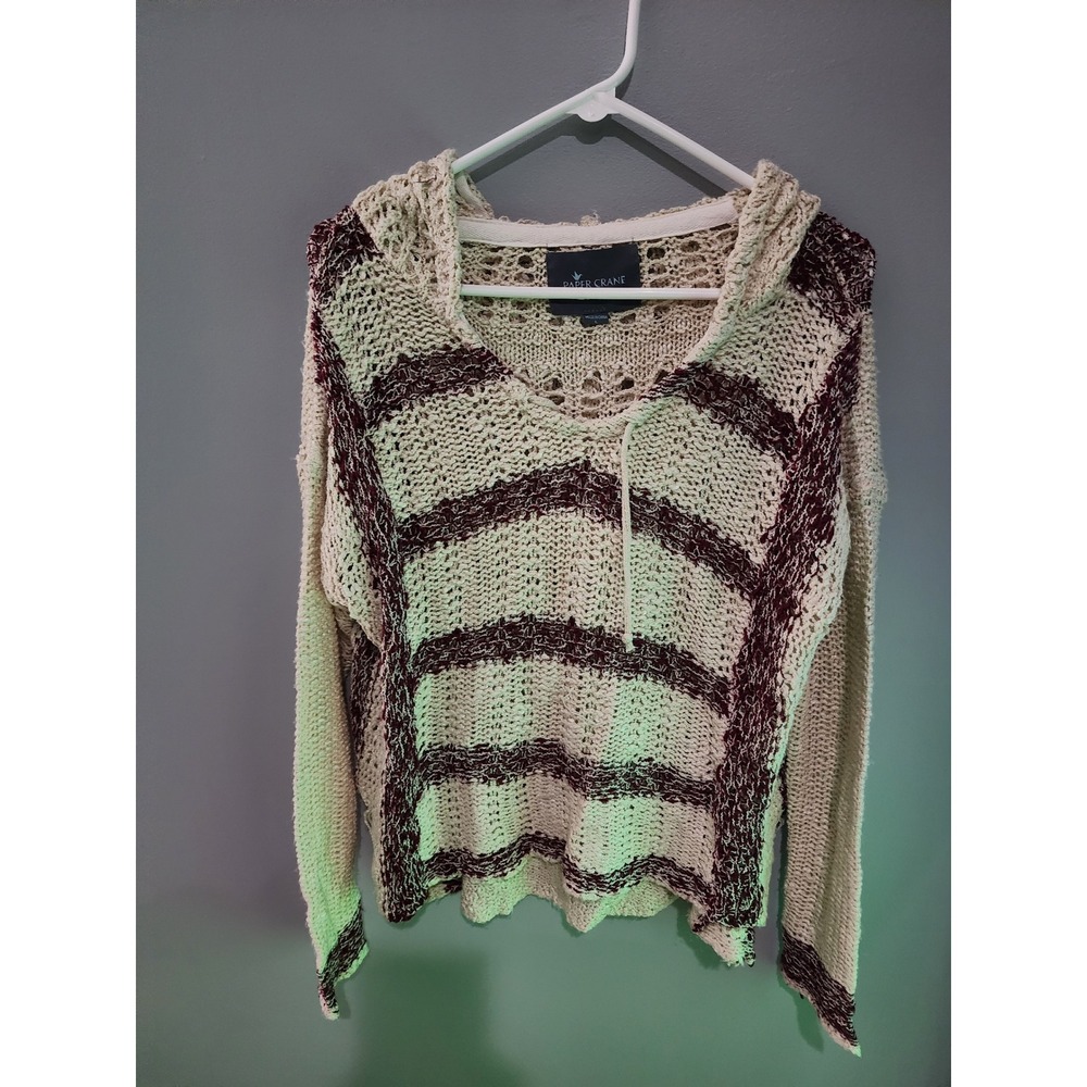 Paper Crane Womens Open Knit Hooded Sweater Burgundy Cream Striped Boho Large